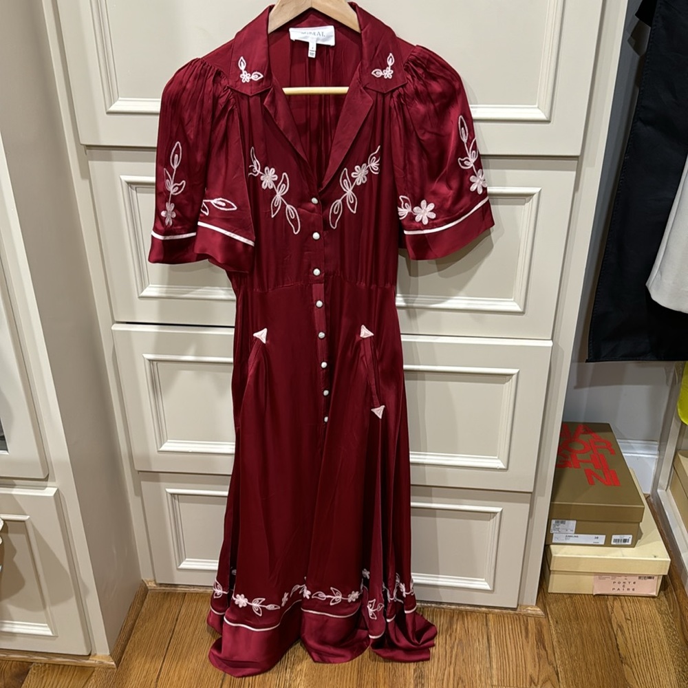 THE GREAT. Red Embroidered Button-Front Maxi Dress - Picture 5 of 8